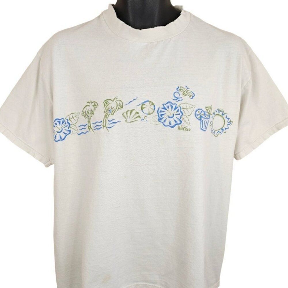 Vintage Teleflora Flower T Shirt Mens Size Large White Palm Trees Beach Floral